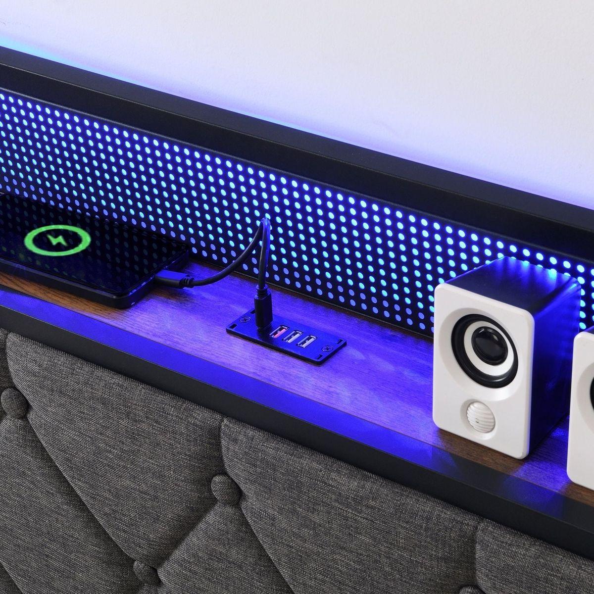 Full Bed Frame with Storage Headboard, Charging Station and LED Lights, Upholstered Platform Bed with Heavy Metal Slats, No Box Spring Needed, Noise Free, Easy Assembly, Dark Gray