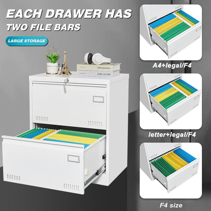 Filing Cabinet Lateral File Cabinet 2 Drawer, White Filing Cabinets with Lock, Locking Metal File Cabinets Three Drawer Office Cabinet for Legal/Letter/A4/F4 Home Offic