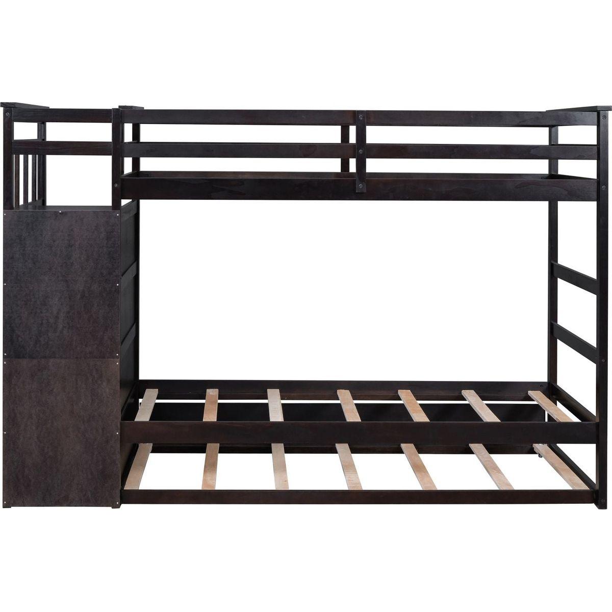 Twin Over Twin Bunk Bed with Trundle and Staircase,Espresso