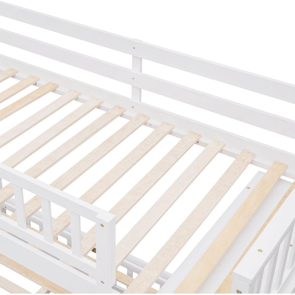 Wooden Twin Over Full Bunk Bed With Six Drawers And Flexible Shelves,Bottom Bed With Wheels,White