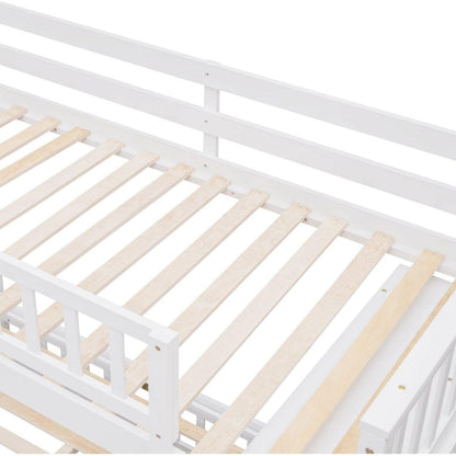 Wooden Twin Over Full Bunk Bed With Six Drawers And Flexible Shelves,Bottom Bed With Wheels,White