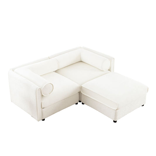 Stylish Modern Fabric 2-Seater Sofa with Ottoman Storage, White Chenille, Cylindrical Backrest and Armrests