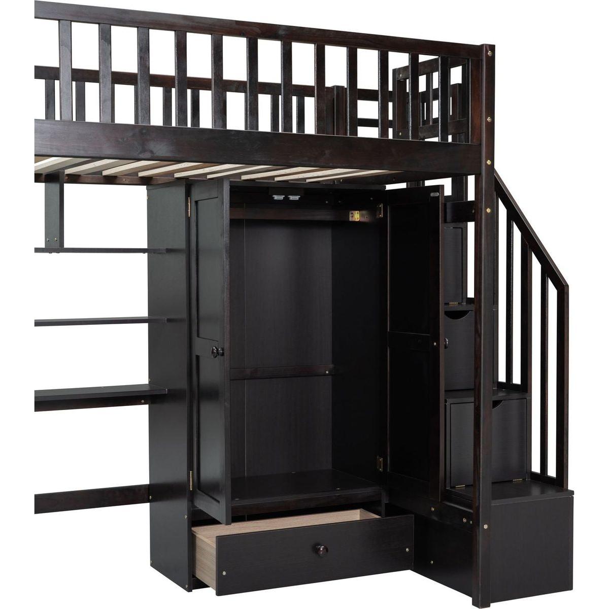 Twin size Loft Bed with Bookshelf,Drawers,Desk,and Wardrobe-Espresso
