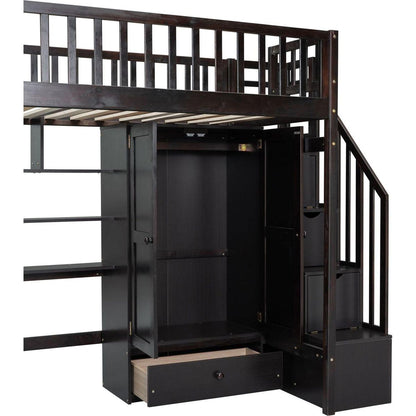 Twin size Loft Bed with Bookshelf,Drawers,Desk,and Wardrobe-Espresso