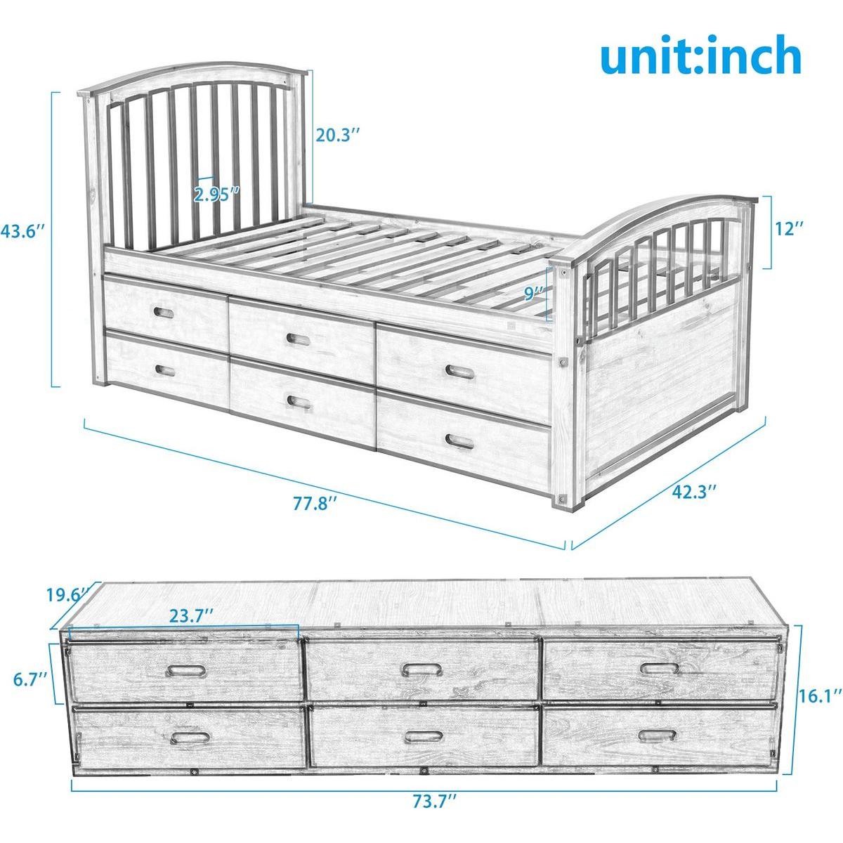Twin Size Platform Storage Bed Solid Wood Bed with 6 Drawers