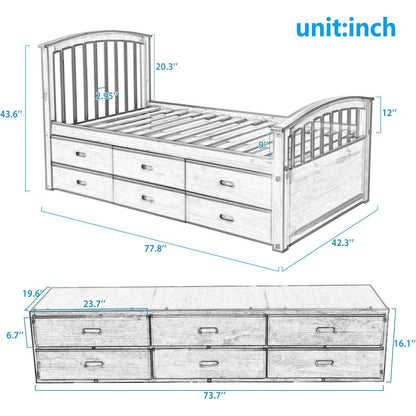 Twin Size Platform Storage Bed Solid Wood Bed with 6 Drawers,White