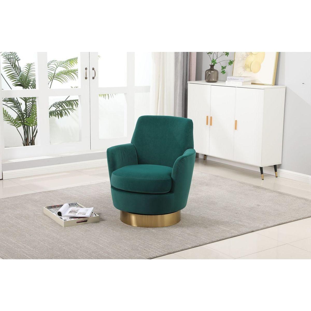 Velvet Swivel Barrel Chair, Swivel Accent Chairs Armchair for Living Room, Reading Chairs for Bedroom Comfy, Round Barrel Chairs with Gold Stainless Steel Base (Emerald)