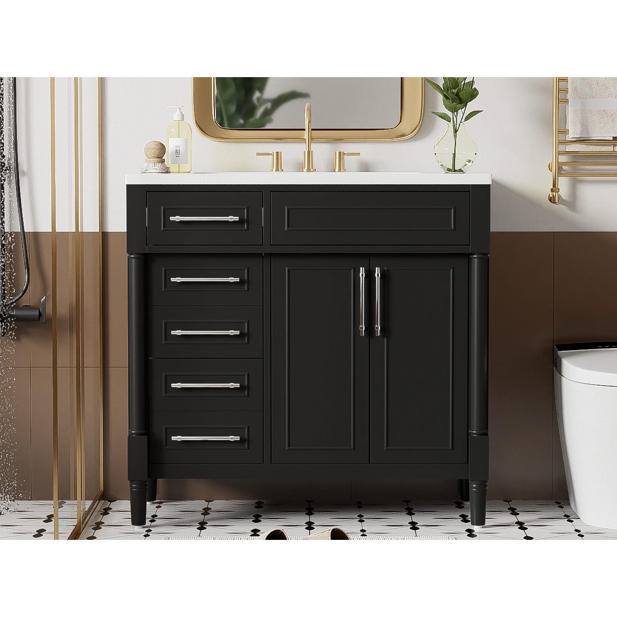 36" Bathroom Vanity with Top Resin Sink, Freestanding Bathroom Storage Cabinet with 2 Drawers and a Tip-out Drawer, Solid Wood Frame Vanity Set, Height Adjustable Shelf