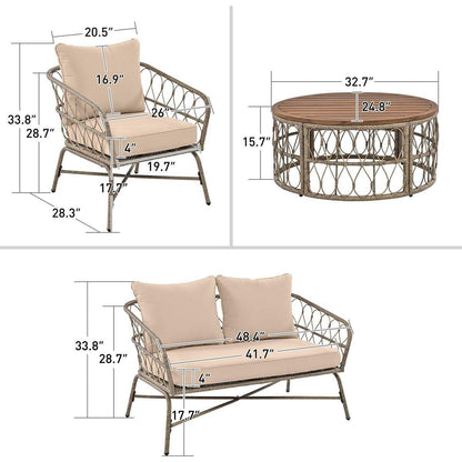 GO Bohemia-inspired 4-Person Outdoor Seating Group With Removable Cushions, Conversation Patio Set With Wood Tabletop, Beige