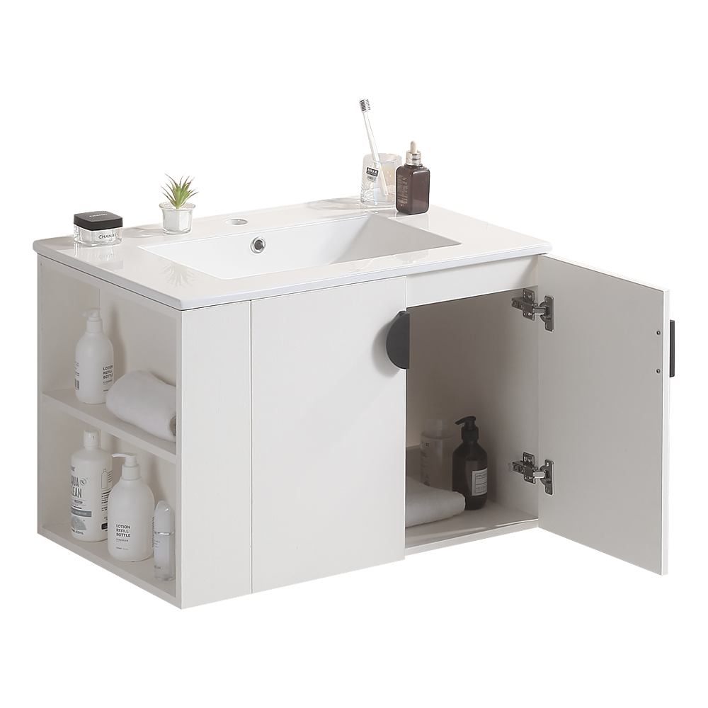 30" Bathroom Vanity with Sink,with two Doors Cabinet Bathroom Vanity Set with Side left Open Storage Shelf,Solid Wood,Excluding faucets,white