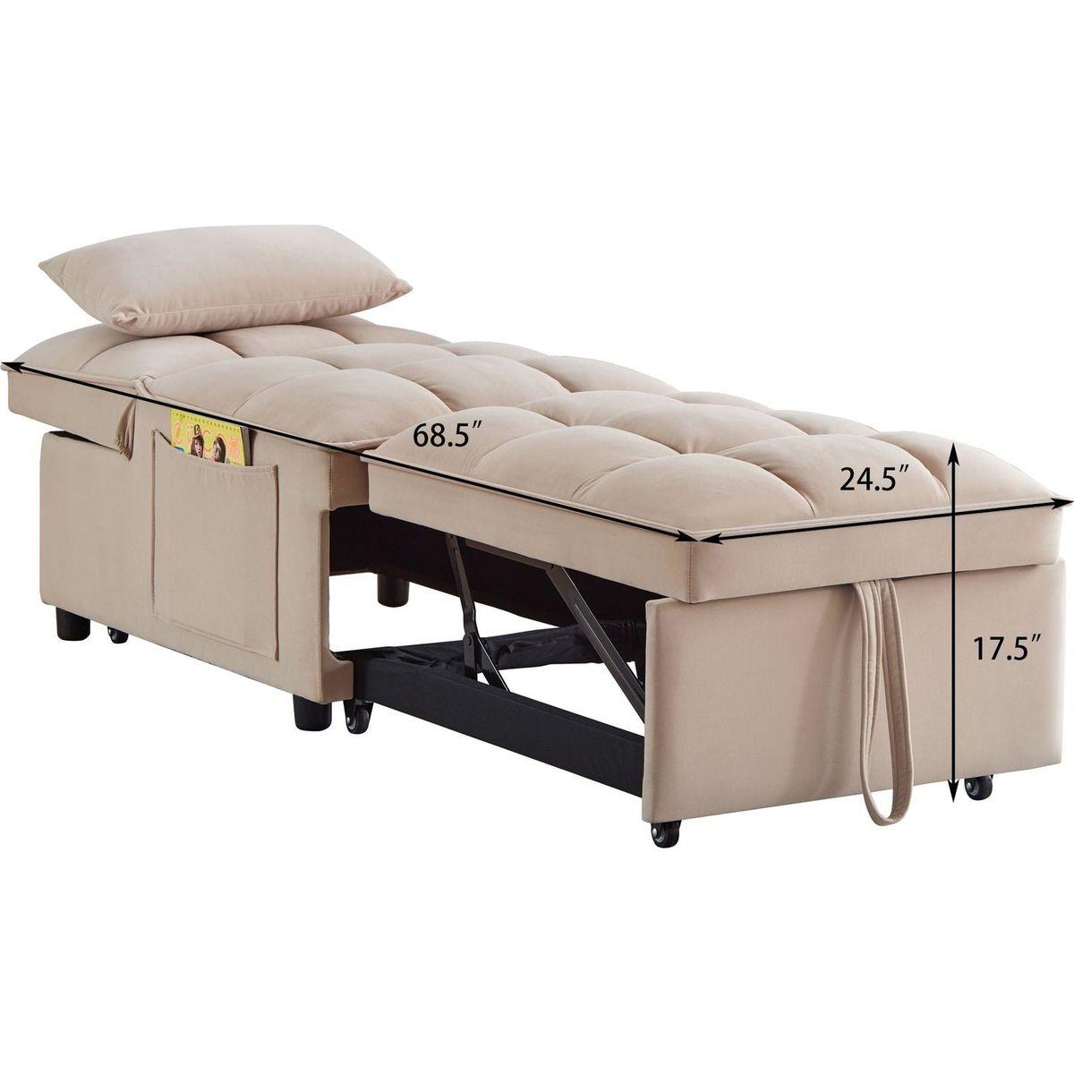 4 in1 Multi-Function Single Sofa Bed with Storage Pockets,Tufted Single Pull-out Sofa Bed with Adjustable Backrest and Pillows, Convertible Chaise Lounge,Taupe