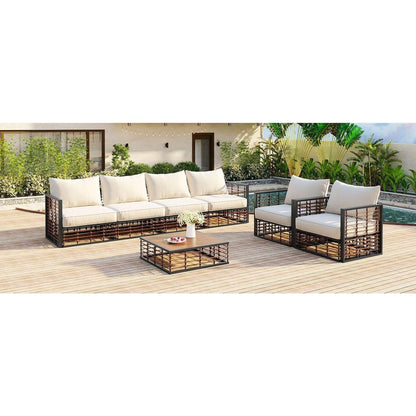 Modern Minimalist 7-Piece Metal Patio Sectional Sofa Set, All-Weather Garden Conversational Furniture Set with Thick Cushions and Coffee Table for Indoor Outdoor, Gray