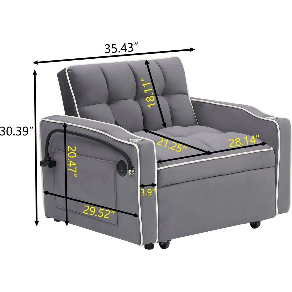 1 versatile foldable sofa bed in 3 lengths, modern sofa sofa sofa velvet pull-out bed, adjustable back and with USB port and ashtray and swivel phone stand dark grey