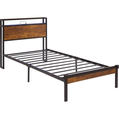 Twin Size Metal Platform Bed Frame with Wooden Headboard and Footboard with USB LINER, LED Lights, No Box Spring Needed, Large Under Bed Storage, Easy Assemble