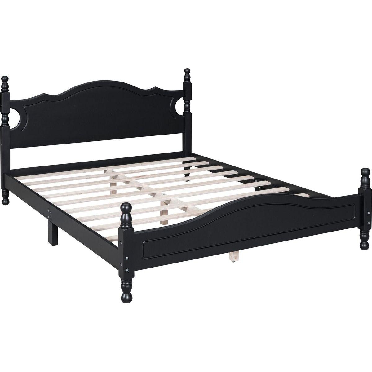 Queen Size Wood Platform Bed Frame,Retro Style Platform Bed with Wooden Slat Support,Black