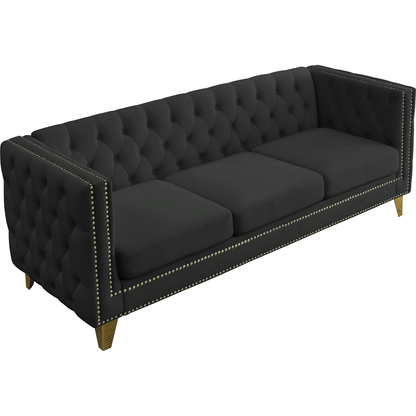 Velvet Sofa for Living Room,Buttons Tufted Square Arm Couch, Modern Couch Upholstered Button and Metal Legs, Sofa Couch for Bedroom, Black Velvet, 2PCS