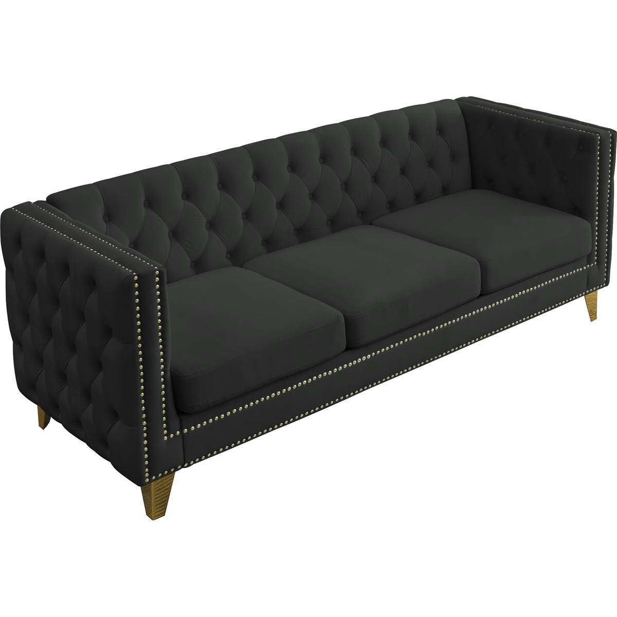 Velvet Sofa for Living Room,Buttons Tufted Square Arm Couch, Modern Couch Upholstered Button and Metal Legs, Sofa Couch for Bedroom, Black Velvet