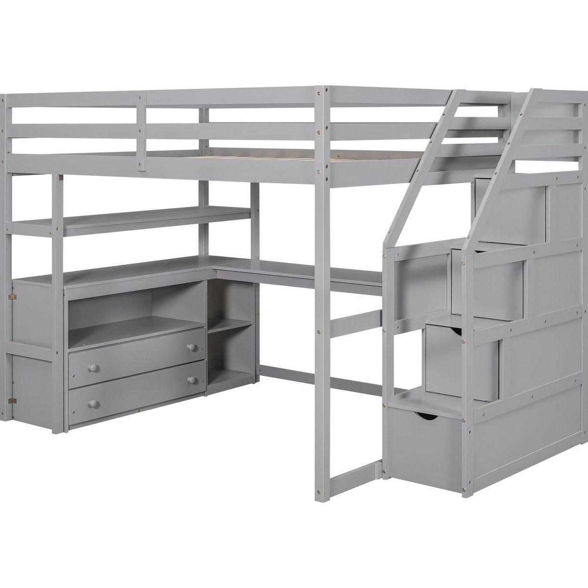 Full Size Loft Bed with Desk and Shelves, Two Built-in Drawers, Storage Staircase, Gray