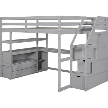 Full Size Loft Bed with Desk and Shelves, Two Built-in Drawers, Storage Staircase, Gray