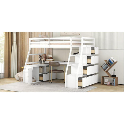 Twin Size Loft Bed with 7 Drawers 2 Shelves and Desk - White