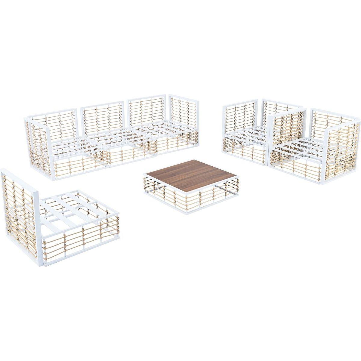 Modern Minimalist 7-Piece Metal Patio Sectional Sofa Set, All-Weather Garden Conversational Furniture Set with Thick Cushions and Coffee Table for Indoor Outdoor, White