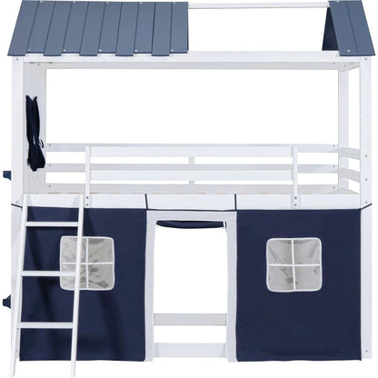 Twin Size Bunk Wood House Bed with Elegant Windows, Sills and Tent, Blue+White