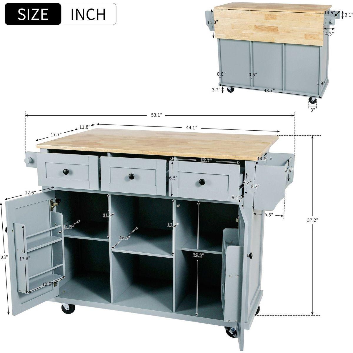 Kitchen Cart with Rubber wood Drop-Leaf Countertop, Cabinet door internal storage racks,Kitchen Island on 5 Wheels with Storage Cabinet and 3 Drawers for Dining Room, Grey Blue