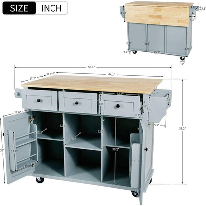 Kitchen Cart with Rubber wood Drop-Leaf Countertop, Cabinet door internal storage racks,Kitchen Island on 5 Wheels with Storage Cabinet and 3 Drawers for Dining Room, Grey Blue