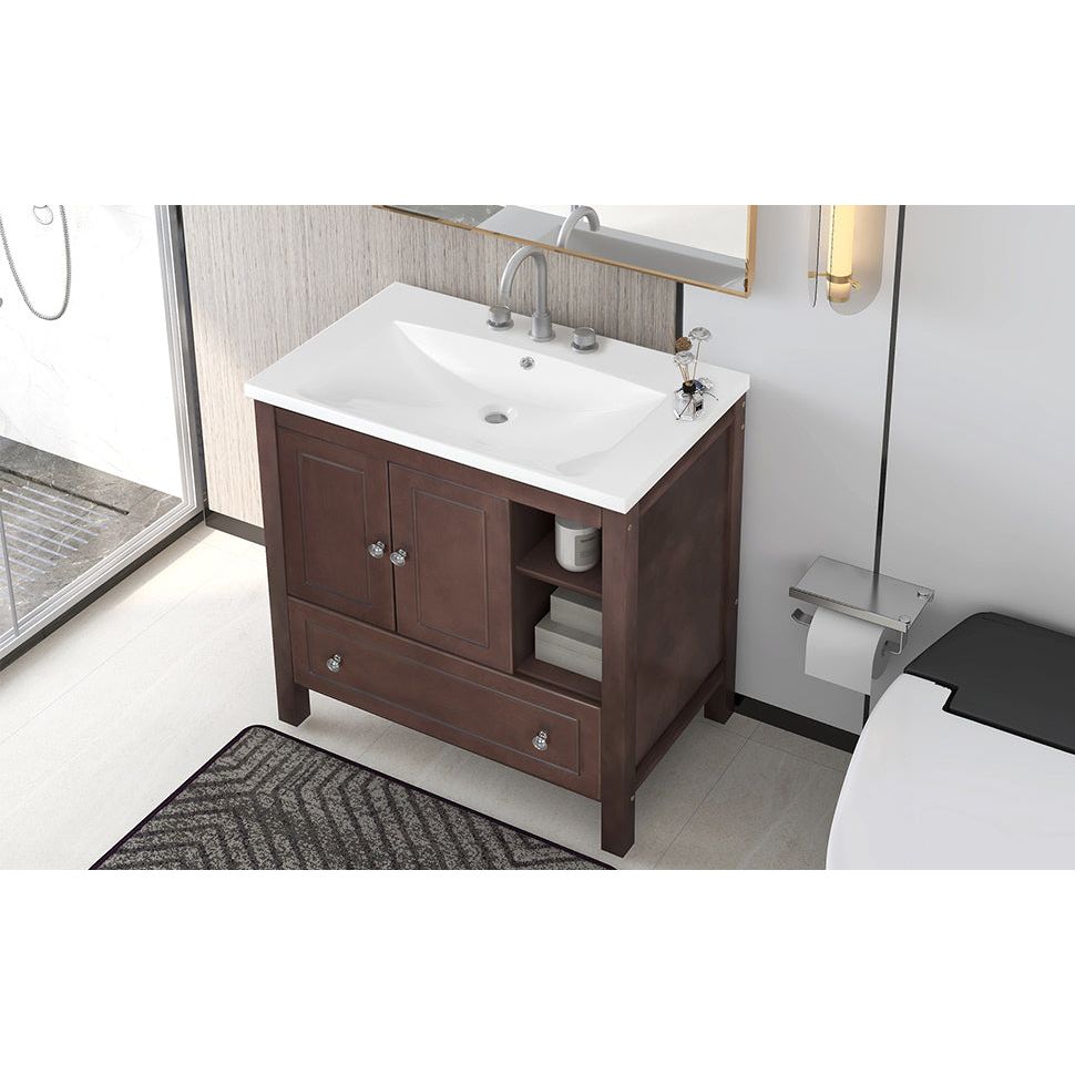 30" Bathroom Vanity with Sink, Bathroom Storage Cabinet with Doors and Drawers, Solid Wood Frame, Ceramic Sink, Brown