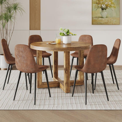 A modern and practical circular dining table. Made of MDF tabletop and wooden MDF table legs. A set of 6 brown cushioned chairs. CT-