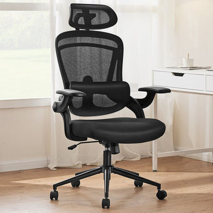 High Back Desk Chair with Adjustable Lumbar Support & Headrest,Comfortable Mesh Computer Chair with Soft Flip Up Arms, Adjustable Height and 120Tilt,Black