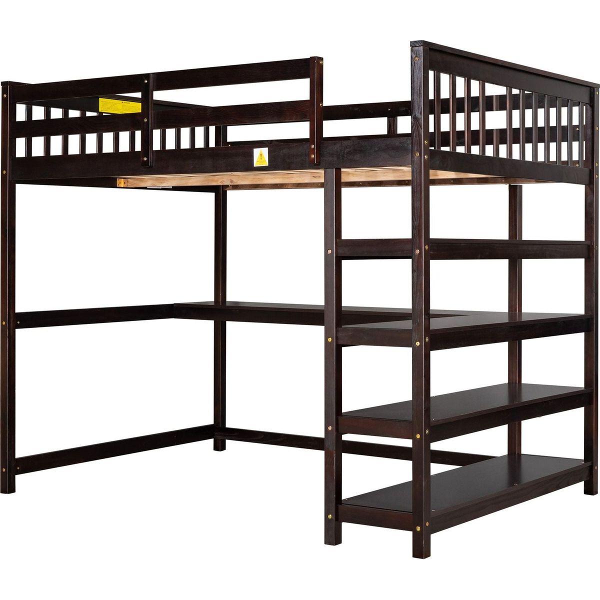 Full Size Loft Bed with Storage Shelves and Under-bed Desk, Espresso
