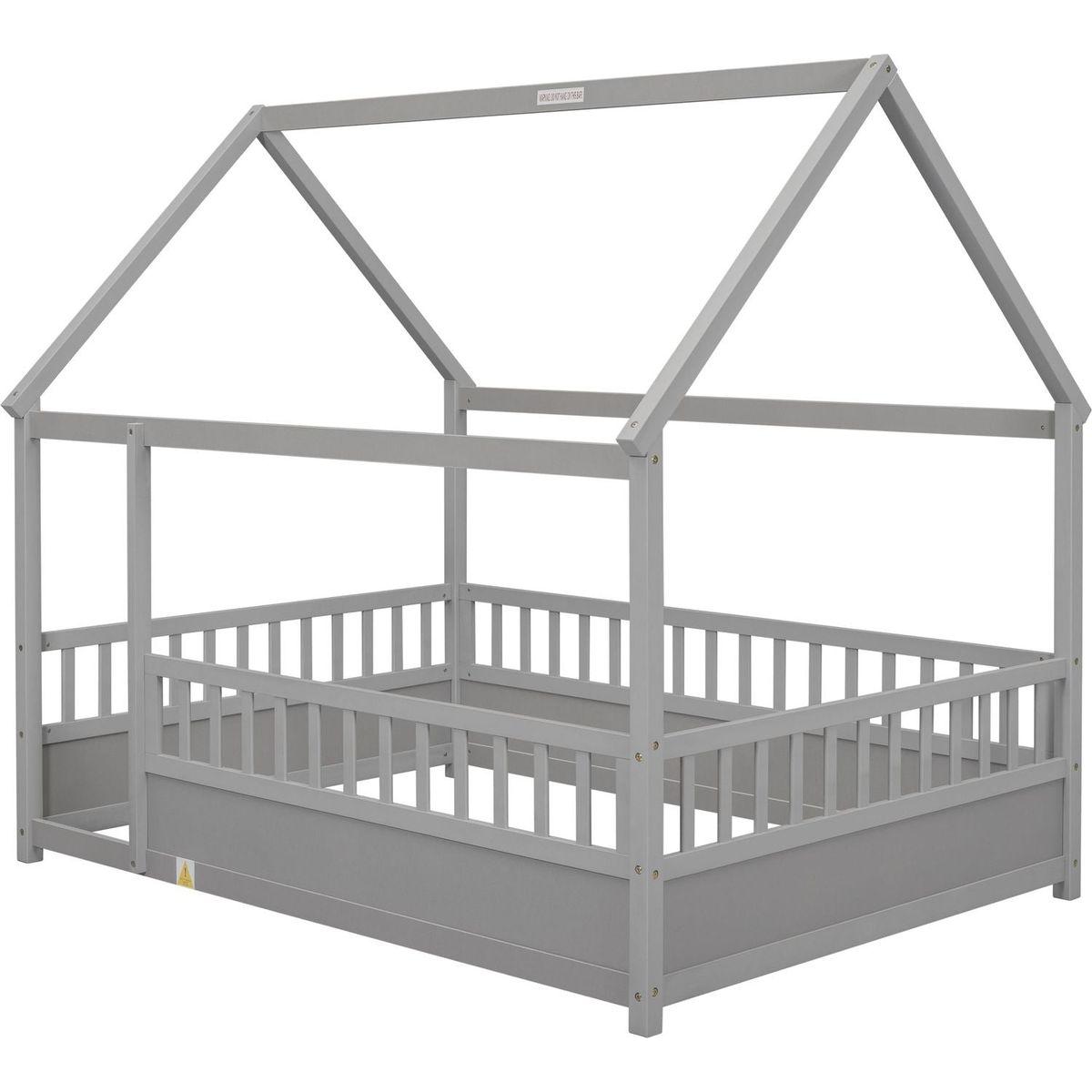 Full Size Floor Wooden Bed with House Roof Frame, Fence Guardrails,Grey