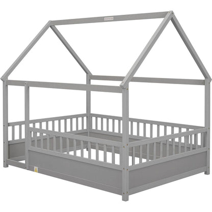 Full Size Floor Wooden Bed with House Roof Frame, Fence Guardrails,Grey