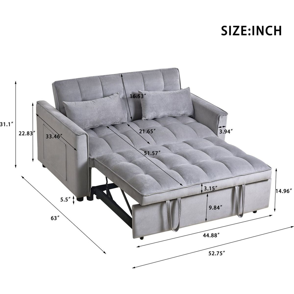 3 in 1 Convertible Sleeper Sofa Bed, Modern Pull Out Couch Bed, Adjustable Backrest, Velvet Loveseat Futon Sofa with Pillows & Pockets for Living Room Apartment, Grey