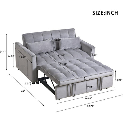 3 in 1 Convertible Sleeper Sofa Bed, Modern Pull Out Couch Bed, Adjustable Backrest, Velvet Loveseat Futon Sofa with Pillows & Pockets for Living Room Apartment, Grey