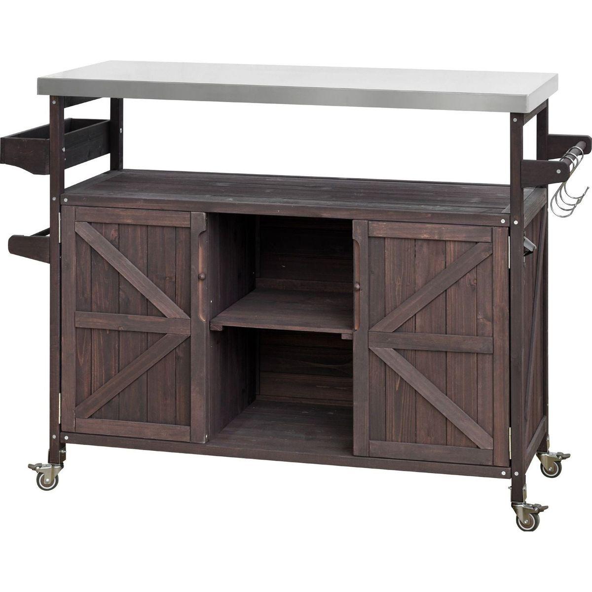 Outdoor Kitchen Island, Rolling Bar Cart & Storage Cabinet, Farmhouse Solid Wood Outdoor Grill Table with Stainless Steel Top, Spice Rack, Towel Rack for Kitchen & Barbecue, Dark Brown