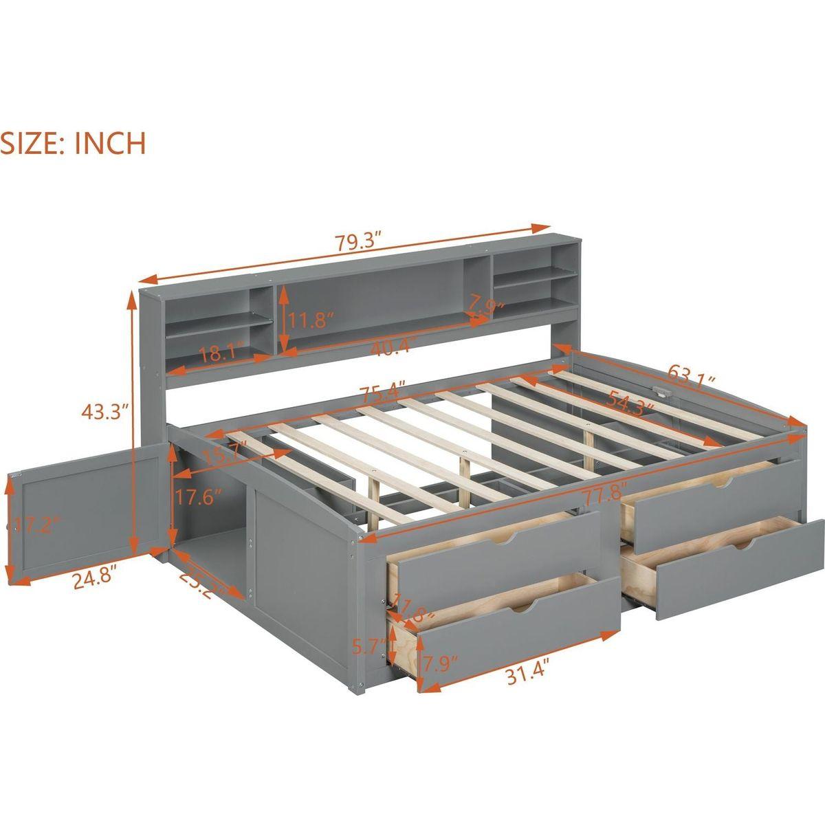 Full Size Wood Daybed with 2 Bedside Cabinets, Upper Shelves and 4 Drawers, Gray