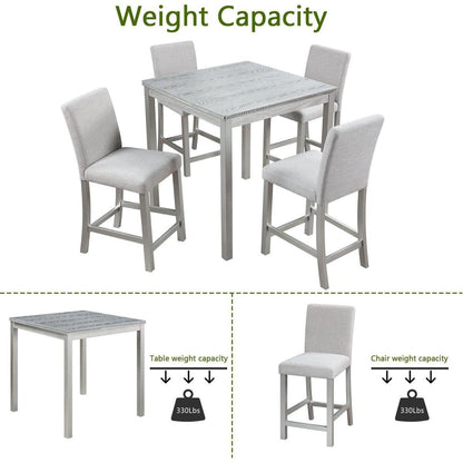 5 Piece Counter Height Table Set, Wooden Kitchen Table Set with Square Table and 4 Upholstered Chairs, Counter Height Dining Table with Crystal Decoration and Chair Set for Kitchen, Dining Room,Gray