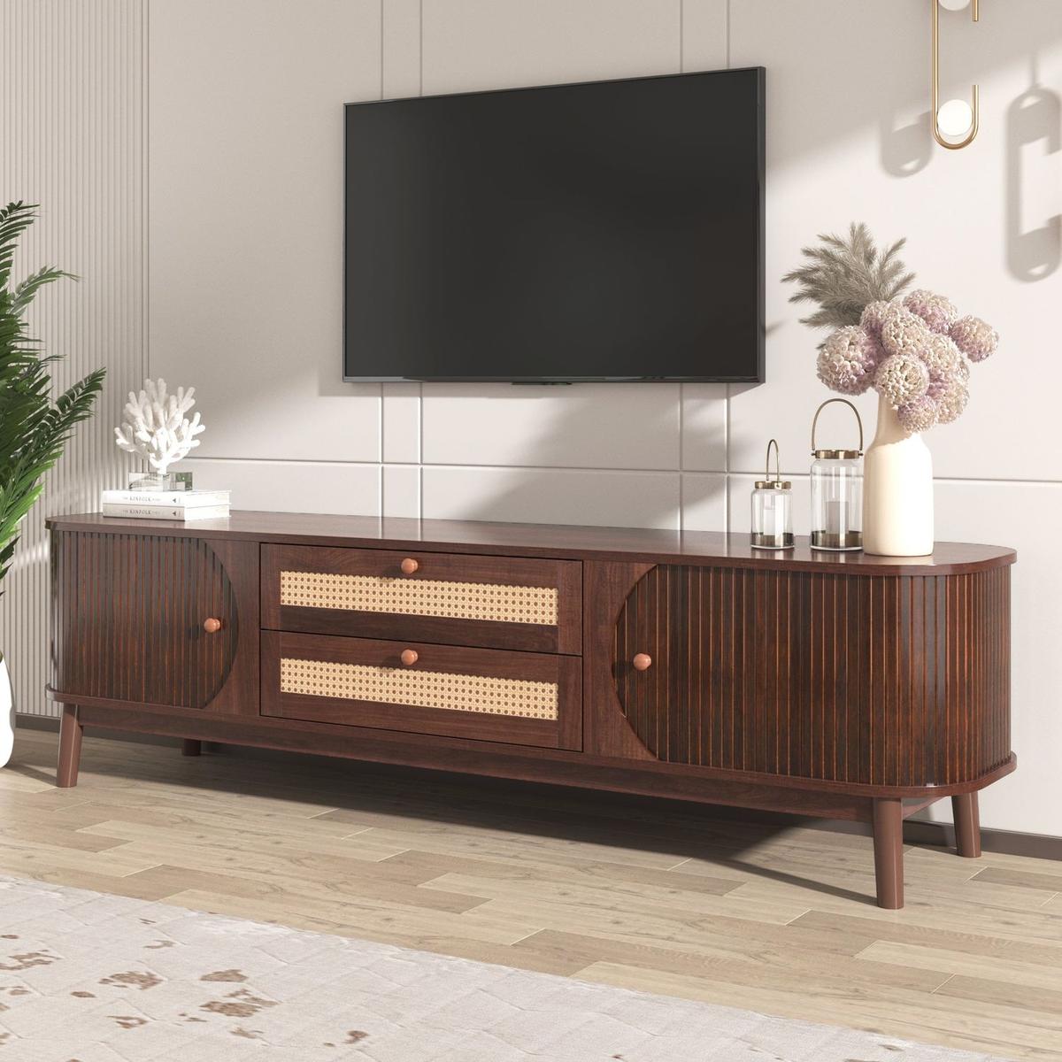 Rattan TV Stand for TVs up to 75", Modern Farmhouse Media Console, Entertainment Center with Solid Wood Legs, TV Cabinet for Living Room,Home Theatre