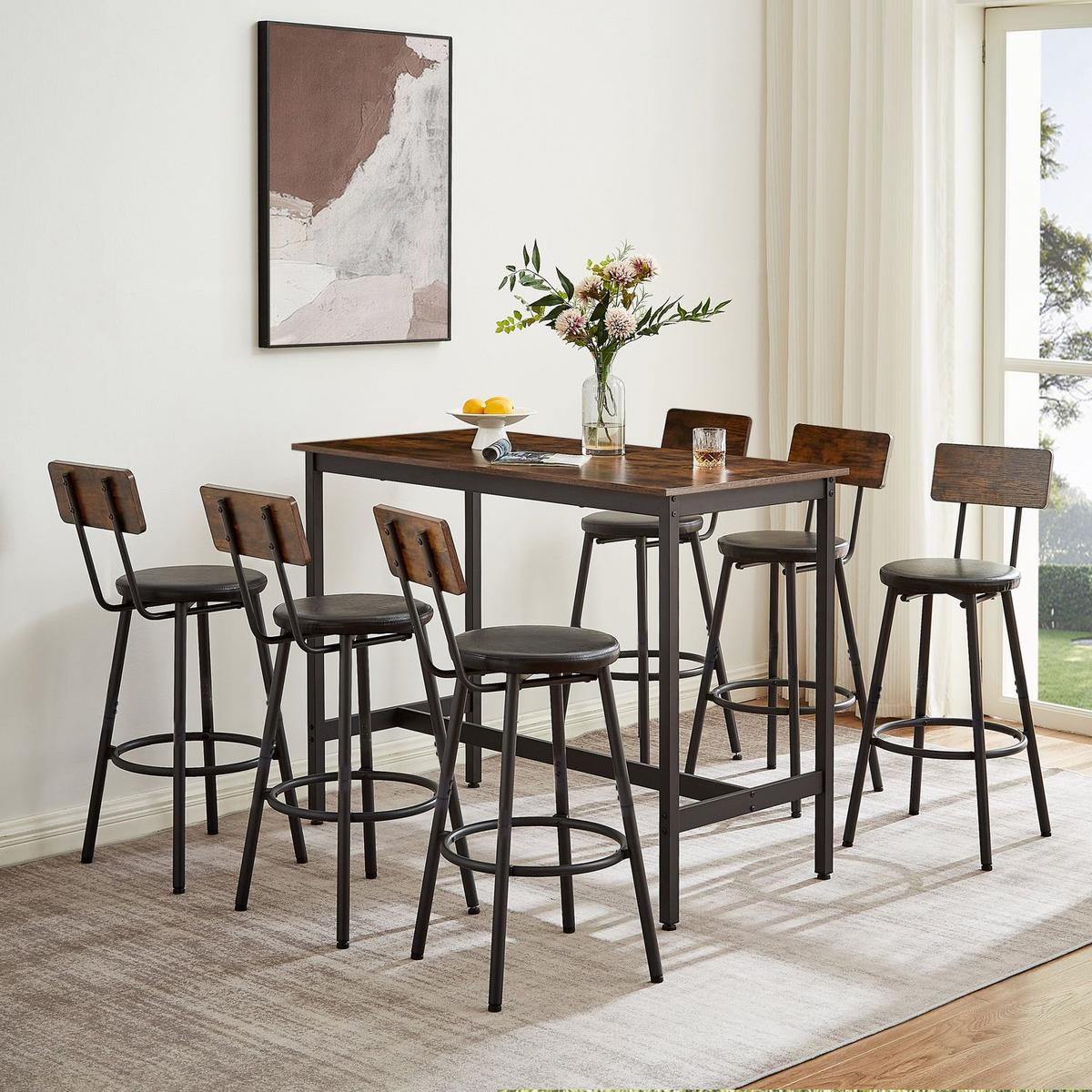 Pub High Dining Table 7 Piece Set, Industrial Style Pub Table, 6 PU Leather Bar Chairs for Kitchen Breakfast Table, Living Room, Bar, Rustic Brown, 47.2鈥矻 x 23.6"W x 35.4"H