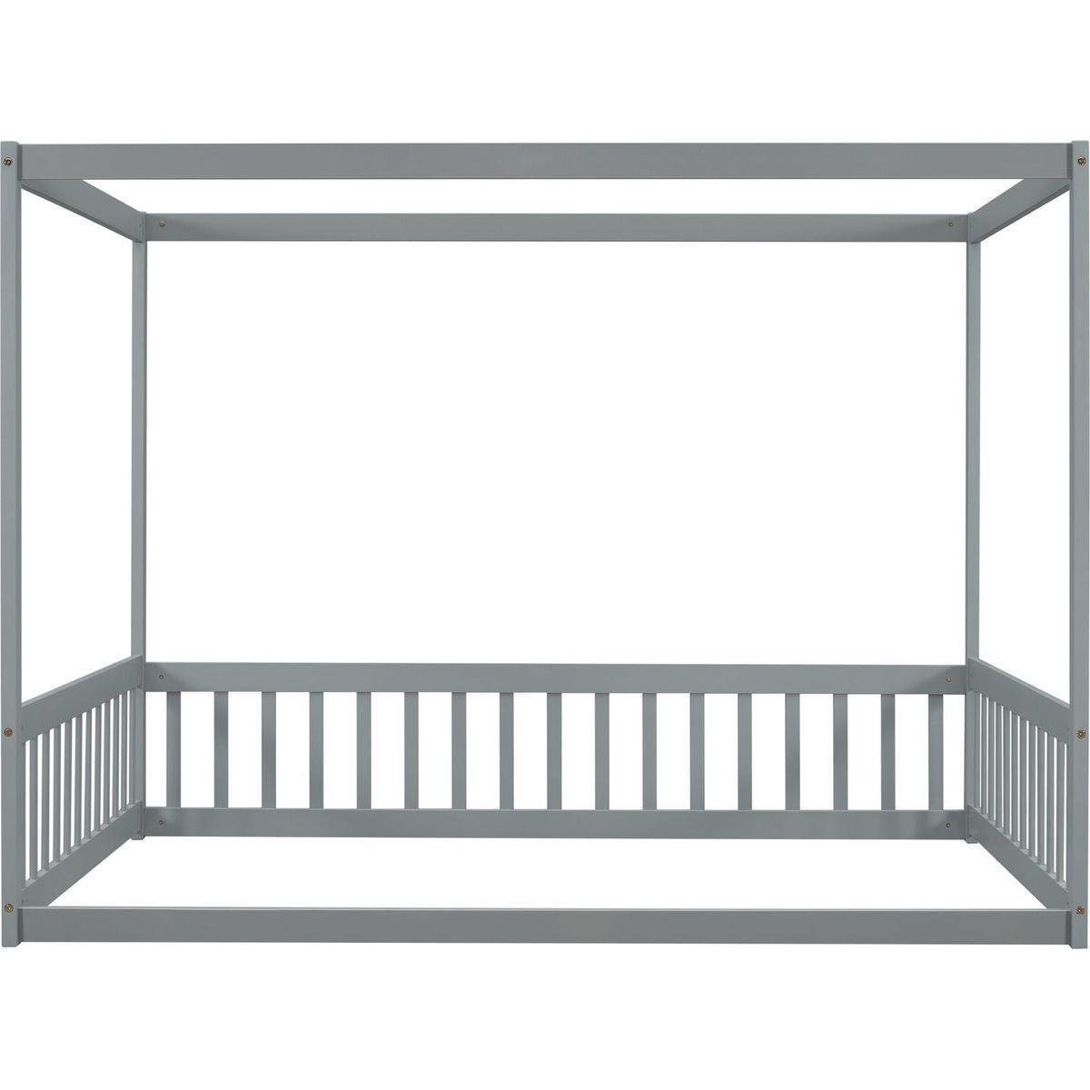 Full Size Canopy Frame Floor Bed with Fence, Guardrails,Grey