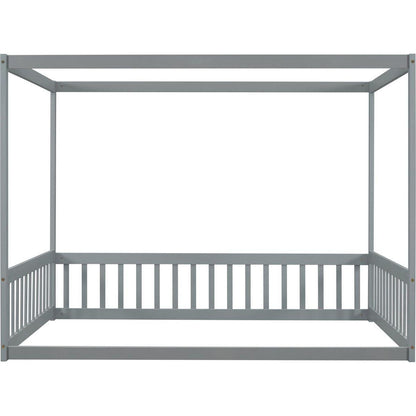Full Size Canopy Frame Floor Bed with Fence, Guardrails,Grey
