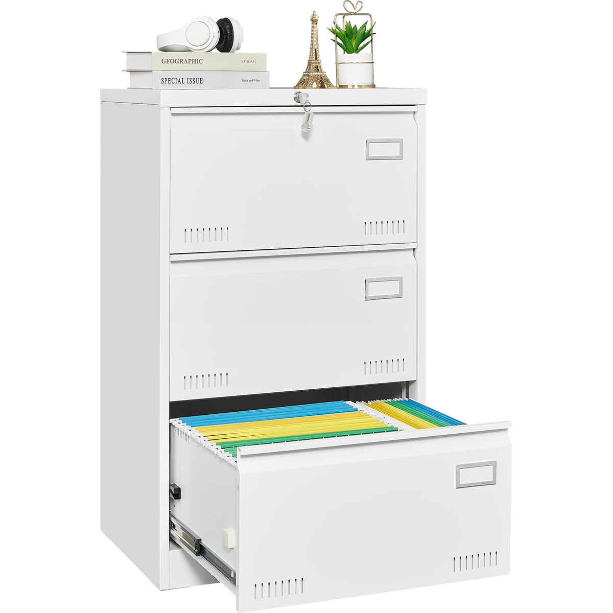 Filing Cabinet Lateral File Cabinet 3 Drawer, White Filing Cabinets with Lock, Locking Metal File Cabinets Three Drawer Office Cabinet for Legal/Letter/A4/F4 Home Offic