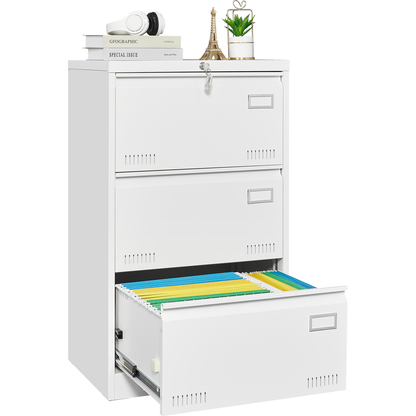 Filing Cabinet Lateral File Cabinet 3 Drawer, White Filing Cabinets with Lock, Locking Metal File Cabinets Three Drawer Office Cabinet for Legal/Letter/A4/F4 Home Offic