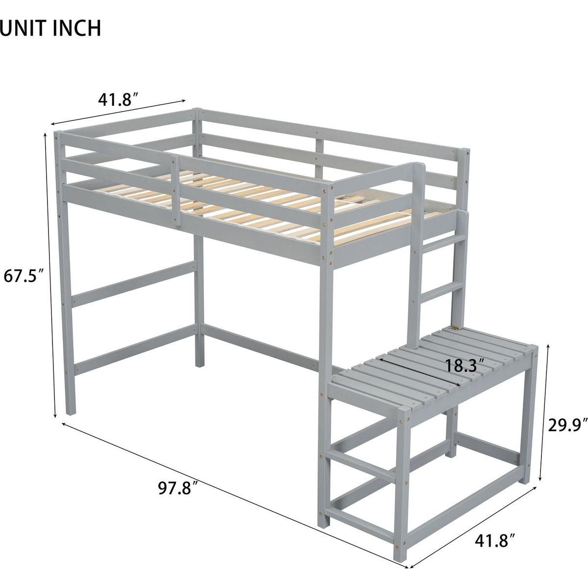 Twin High Loft Bed with Ladder landing Platform, Ladders, Guardrails,Grey