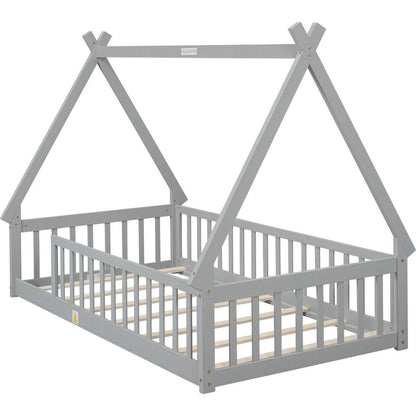 Twin Tent-shaped Floor Bed, Teepee Bed with Guardrails, Slats,Grey