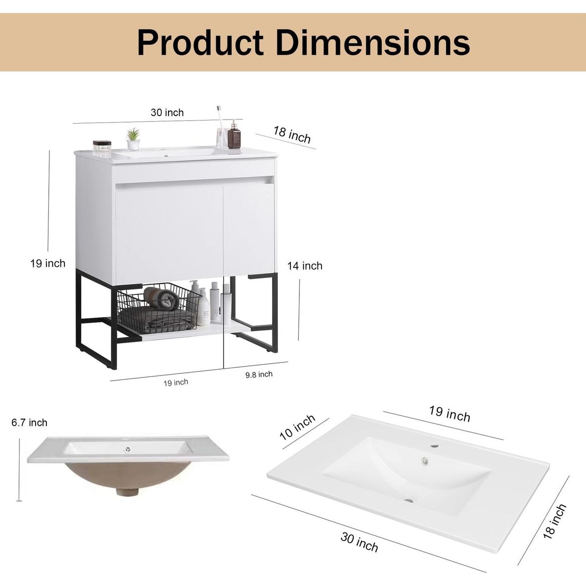 30" Bathroom Vanity with Sink,Bathroom Vanity Cabinet with One Soft Close Cabinet Doors & soft-close Drawers,Bathroom Storage Cabinet with a Lower Open Shelf,with Metal Legs,White Ceramic Sink,White