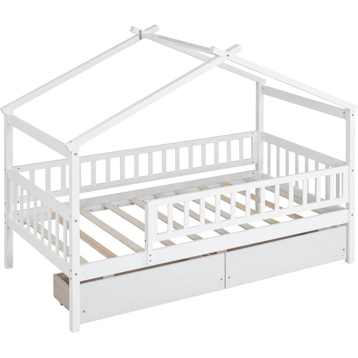 Twin Size Wooden House Bed with Two Drawers, White