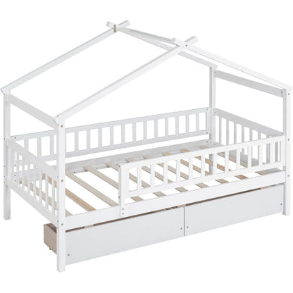 Twin Size Wooden House Bed with Two Drawers, White